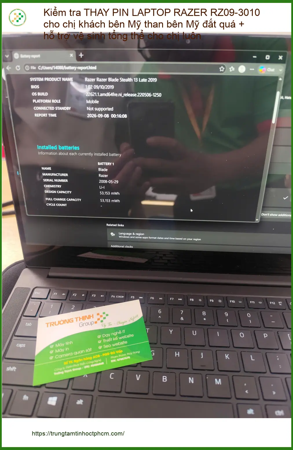 Chị An thay pin laptop Razer RZ09-3010 và vệ sinh tại Quận Phú Nhuận ảnh thực tế 1